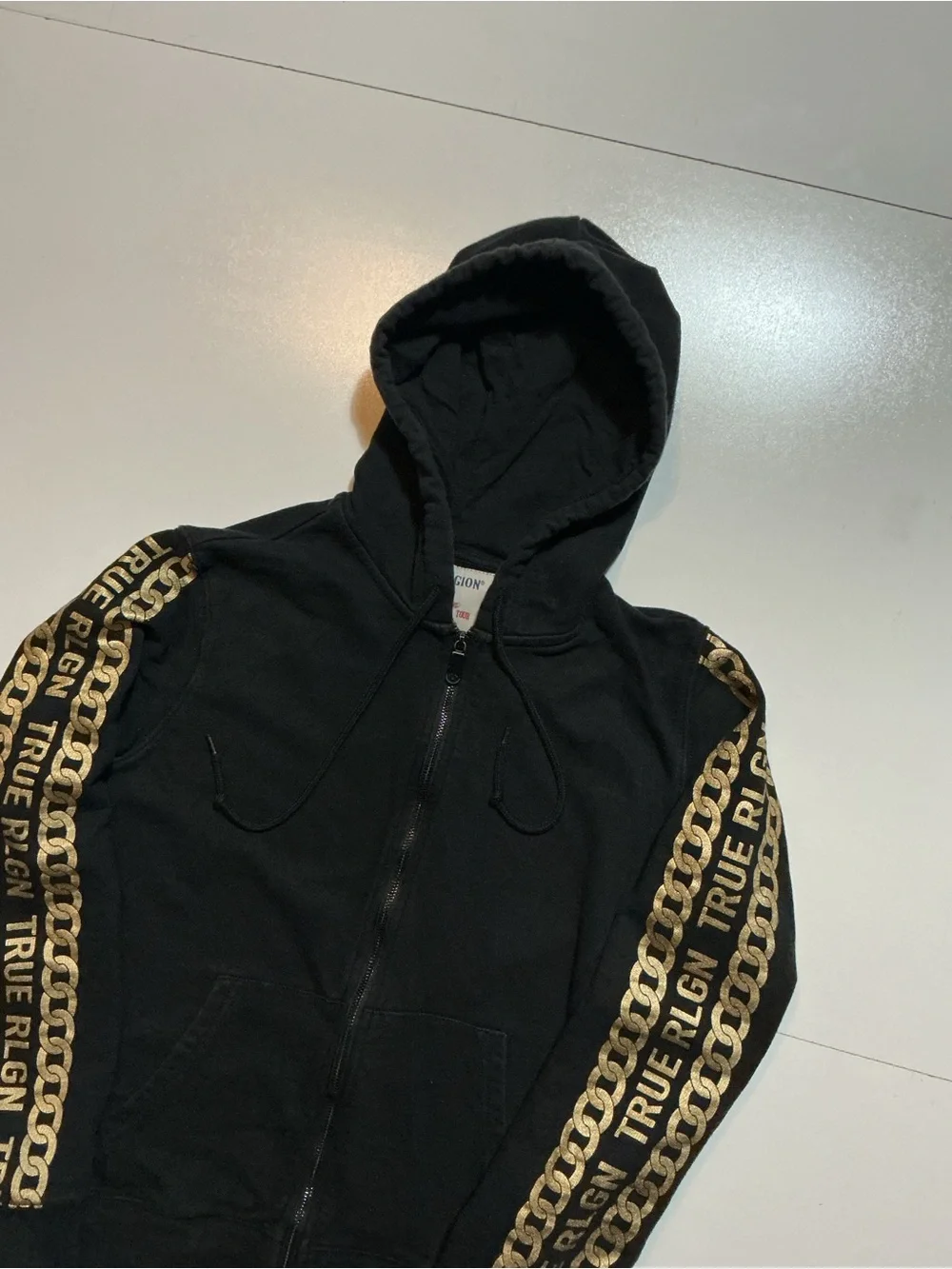 True Religion World Tour Gold Chain Link Fashion Black Full Zip Hoodie